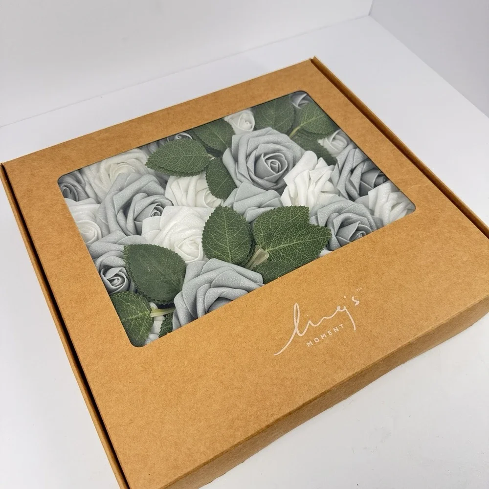 Ling's Moment 25pc Silver‎ Gray White Foam Roses 3